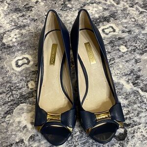 Louise et Cio Navy Peep-Toe Heels, gold hardware.
